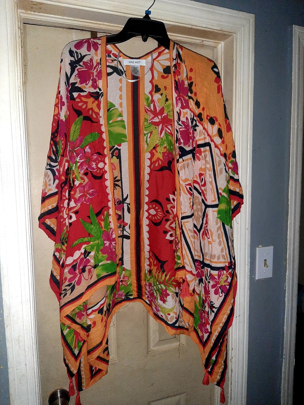 Nine West Bright Floral Stripe Draped Kimono - Red, Pink, Green, Orange